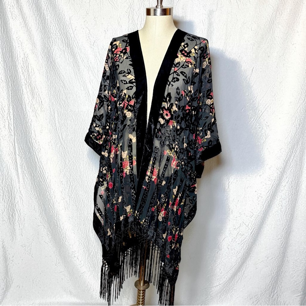 World Market Black velvet floral kimono with fringe